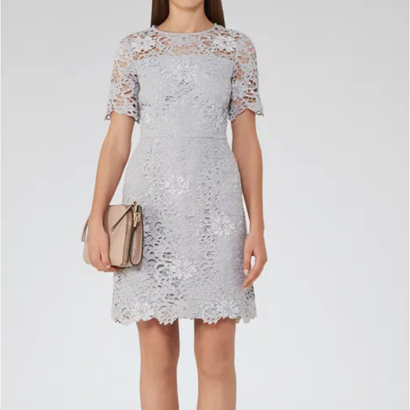 Reiss Silver Gray Short Sleeve Sequin Lace Cocktail Formal Dress Size US 8 - Picture 1 of 11